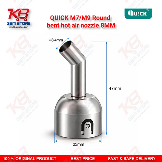 QUICK M7/M9 Round Bent Hot Air Nozzle 8MM – 45° Stainless Steel Rework Nozzle for BGA & SMD Desoldering