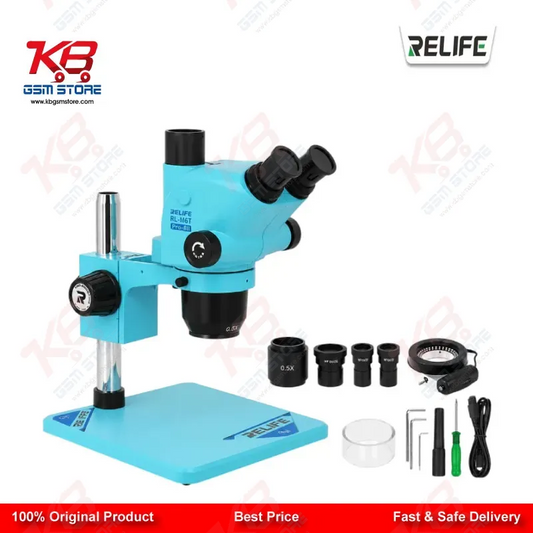 RELIFE RL-M6T Pro-B11 Trinocular Stereo Microscope 6.5X–65X Continuous Zoom with 0.5X CTV Adapter Gulf Blue | Mobile PCB Repair