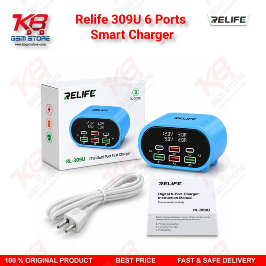Relife 309U 6 Ports Smart Charger – 72W Dual PD + Dual QC Fast Charging Station for Mobile Repair Workshops
