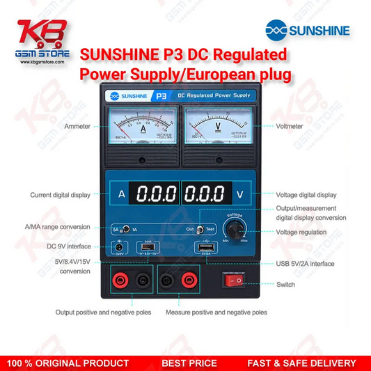 SUNSHINE P3 DC Regulated Power Supply – 5V/8.4V/15V Dual Display (European Plug)