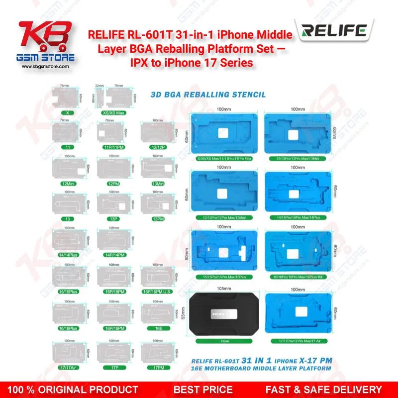 RELIFE RL-601T 31-in-1 iPhone Middle Layer BGA Reballing Platform Set — IPX to iPhone 17 Series