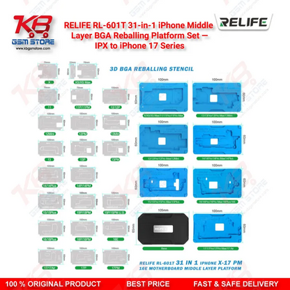 RELIFE RL-601T 31-in-1 iPhone Middle Layer BGA Reballing Platform Set — IPX to iPhone 17 Series