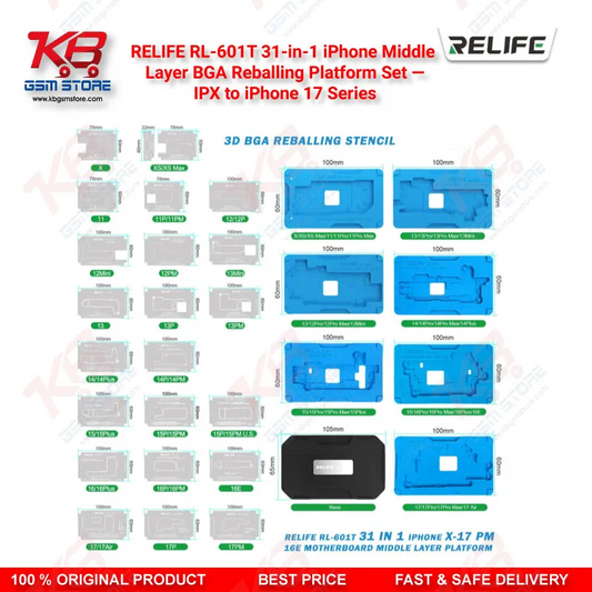 RELIFE RL-601T 31-in-1 iPhone Middle Layer BGA Reballing Platform Set — IPX to iPhone 17 Series