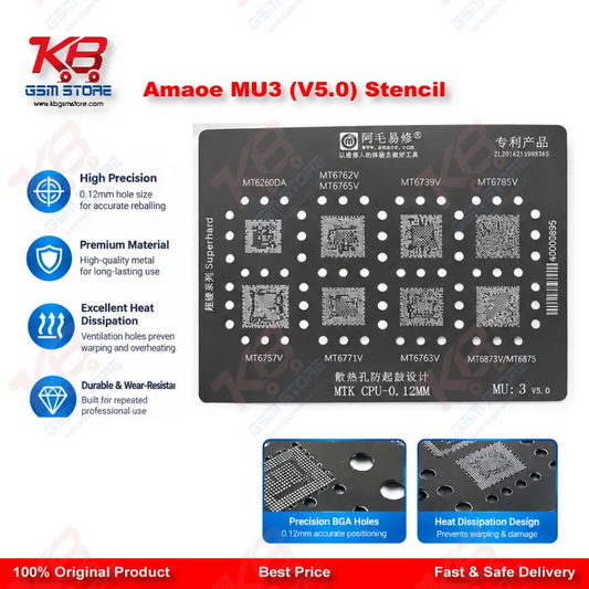 Amaoe MU3 (V5.0) Stencil – 0.12mm MTK CPU BGA Reballing Stencil for MT6762V, MT6739V, MT6771V, MT6785V and More