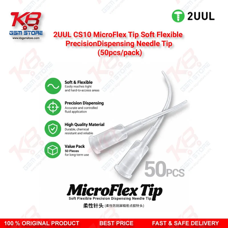 2UUL CS10 MicroFlex Soft Flexible Precision Dispensing Needle Tips – 50pcs Pack for Flux, Paste & Adhesive Application