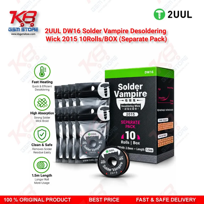 2UUL DW16 Solder Vampire Desoldering Wick 2015 – 2.0mm x 1.5m, 10 Rolls/Box (Separate Pack)