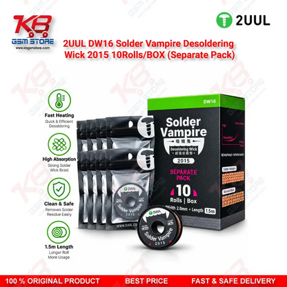2UUL DW16 Solder Vampire Desoldering Wick 2015 – 2.0mm x 1.5m, 10 Rolls/Box (Separate Pack)