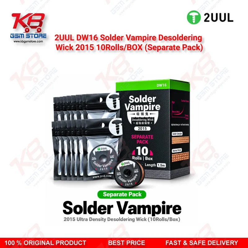 2UUL DW16 Solder Vampire Desoldering Wick 2015 – 2.0mm x 1.5m, 10 Rolls/Box (Separate Pack)