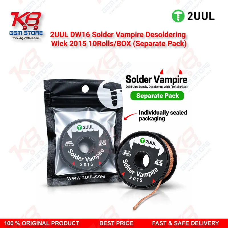 2UUL DW16 Solder Vampire Desoldering Wick 2015 – 2.0mm x 1.5m, 10 Rolls/Box (Separate Pack)