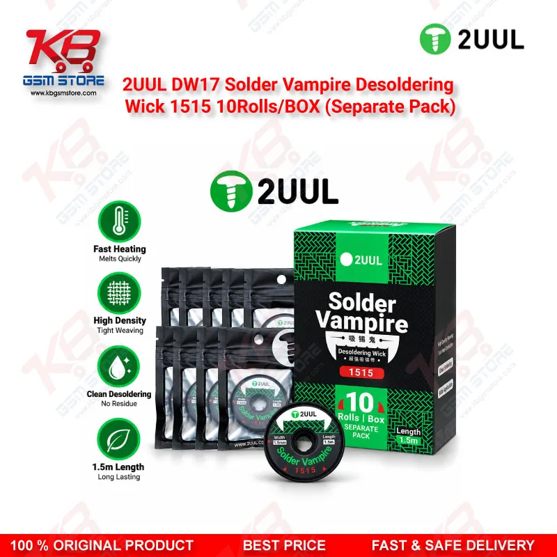 2UUL DW17 1515 Solder Vampire Desoldering Wick – 1.5mm Copper Braid, 10 Rolls/Box (Separate Pack)