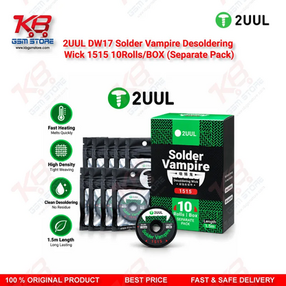 2UUL DW17 1515 Solder Vampire Desoldering Wick – 1.5mm Copper Braid, 10 Rolls/Box (Separate Pack)