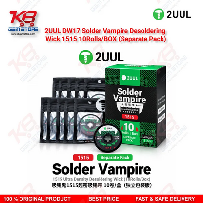 2UUL DW17 1515 Solder Vampire Desoldering Wick – 1.5mm Copper Braid, 10 Rolls/Box (Separate Pack)