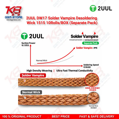 2UUL DW17 1515 Solder Vampire Desoldering Wick – 1.5mm Copper Braid, 10 Rolls/Box (Separate Pack)