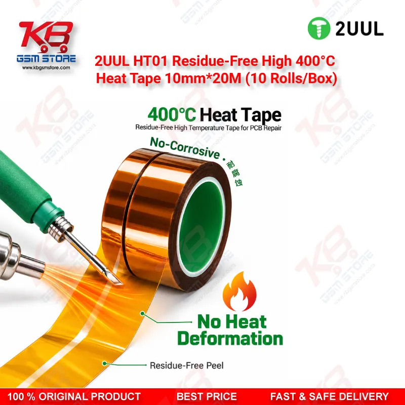 2UUL HT01 Residue-Free High 400°C Heat Tape 10mm*20M (10 Rolls/Box) – Kapton PCB Soldering & Rework Tape for Mobile Repair