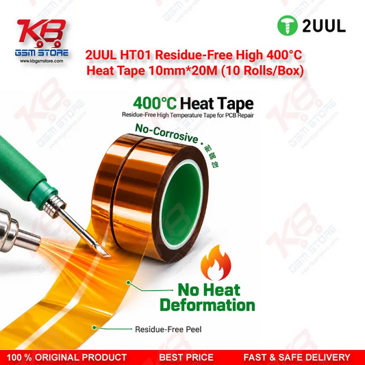 2UUL HT01 Residue-Free High 400°C Heat Tape 10mm*20M (10 Rolls/Box) – Kapton PCB Soldering & Rework Tape for Mobile Repair