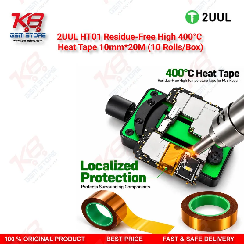 2UUL HT01 Residue-Free High 400°C Heat Tape 10mm*20M (10 Rolls/Box) – Kapton PCB Soldering & Rework Tape for Mobile Repair