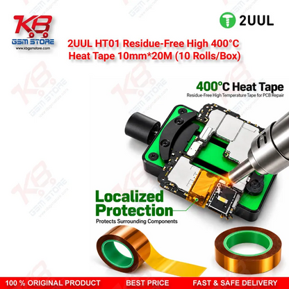 2UUL HT01 Residue-Free High 400°C Heat Tape 10mm*20M (10 Rolls/Box) – Kapton PCB Soldering & Rework Tape for Mobile Repair