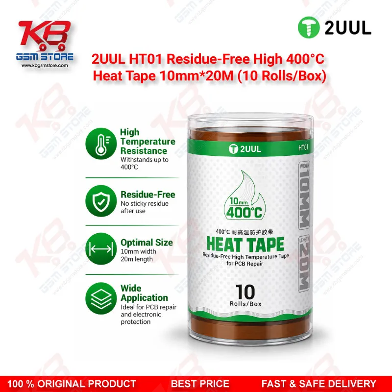 2UUL HT01 Residue-Free High 400°C Heat Tape 10mm*20M (10 Rolls/Box) – Kapton PCB Soldering & Rework Tape for Mobile Repair