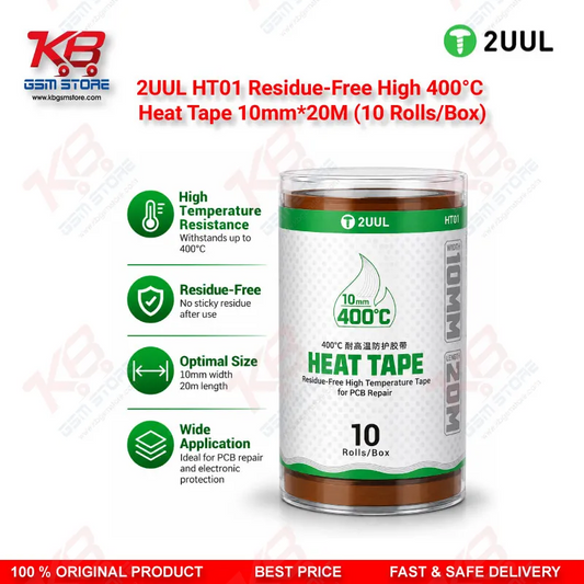 2UUL HT01 Residue-Free High 400°C Heat Tape 10mm*20M (10 Rolls/Box) – Kapton PCB Soldering & Rework Tape for Mobile Repair