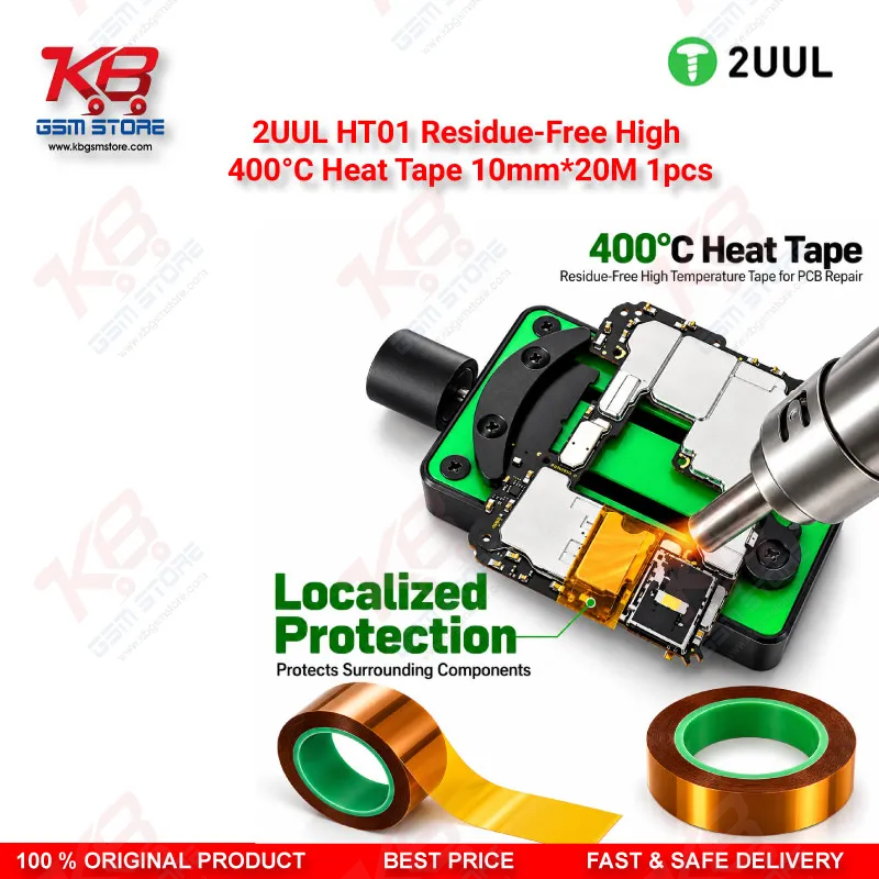 2UUL HT01 Residue-Free High 400°C Heat Tape 10mm*20M 1pcs — High Temperature PCB Masking & Insulation Tape for Mobile Repair