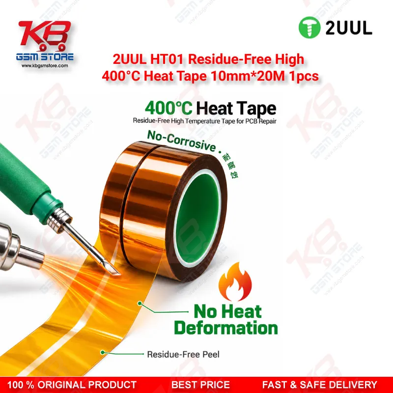 2UUL HT01 Residue-Free High 400°C Heat Tape 10mm*20M 1pcs — High Temperature PCB Masking & Insulation Tape for Mobile Repair