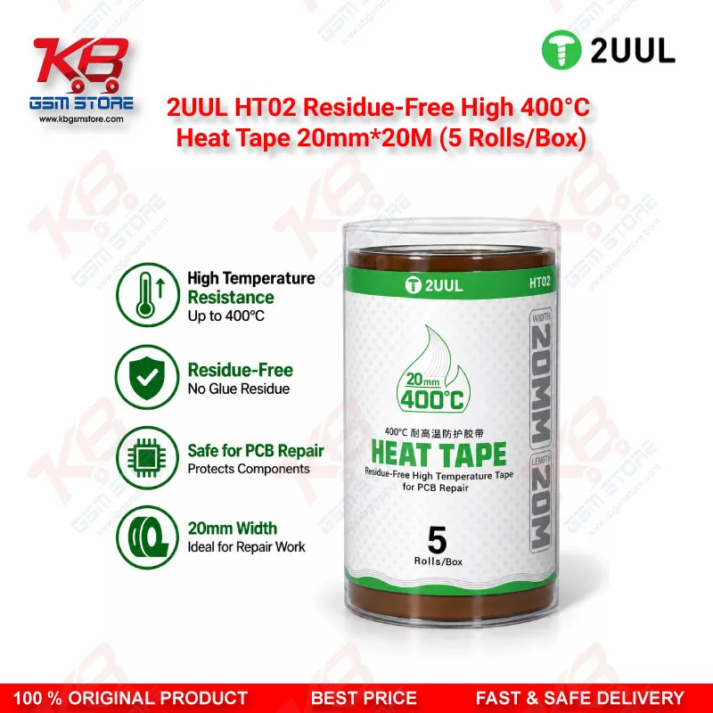 2UUL HT02 Residue-Free High 400°C Heat Tape 20mm*20M (5 Rolls/Box) — PCB & IC Soldering Heat Insulation Tape