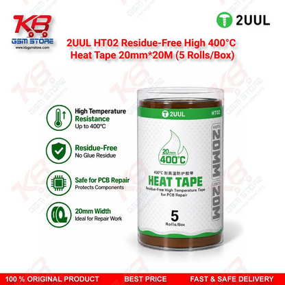 2UUL HT02 Residue-Free High 400°C Heat Tape 20mm*20M (5 Rolls/Box) — PCB & IC Soldering Heat Insulation Tape
