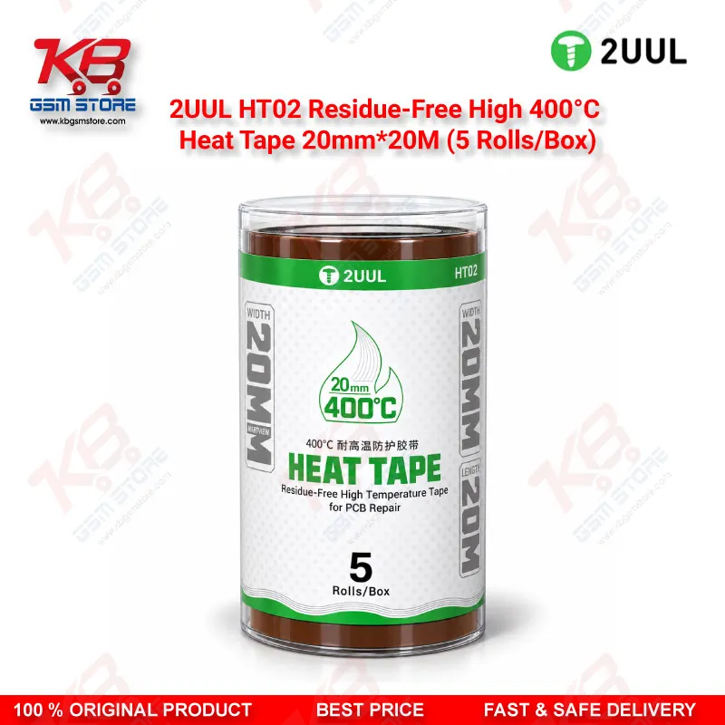 2UUL HT02 Residue-Free High 400°C Heat Tape 20mm*20M (5 Rolls/Box) — PCB & IC Soldering Heat Insulation Tape