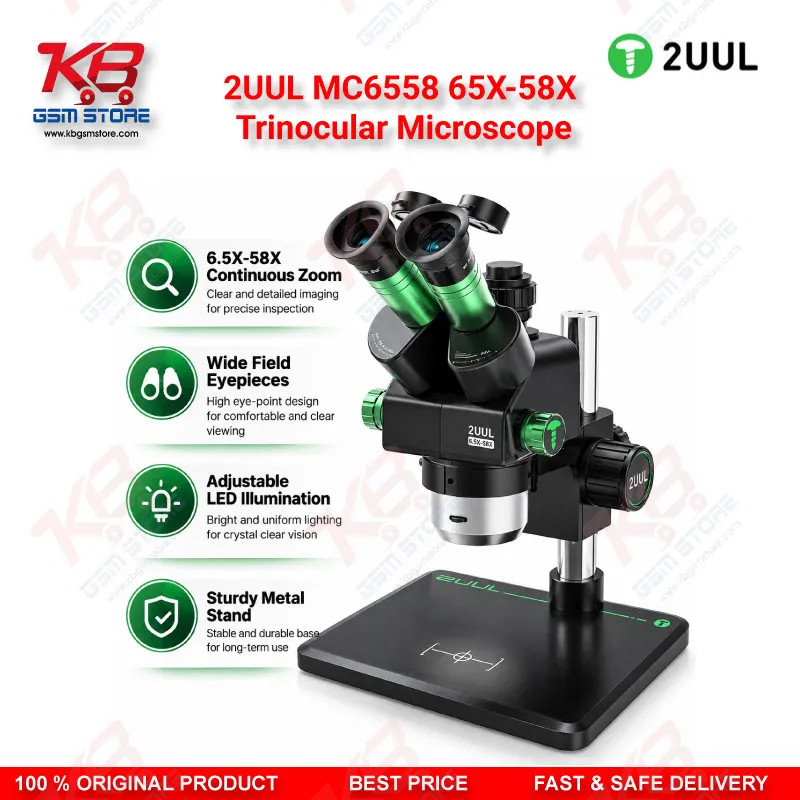 2UUL MC6558 65X-58X Trinocular Microscope with Built-in LED Lighting for Mobile PCB & BGA Repair