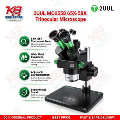 2UUL MC6558 65X-58X Trinocular Microscope with Built-in LED Lighting for Mobile PCB & BGA Repair