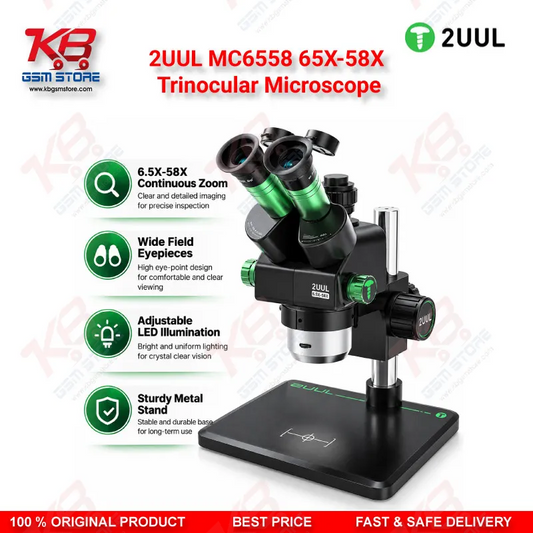 2UUL MC6558 65X-58X Trinocular Microscope with Built-in LED Lighting for Mobile PCB & BGA Repair