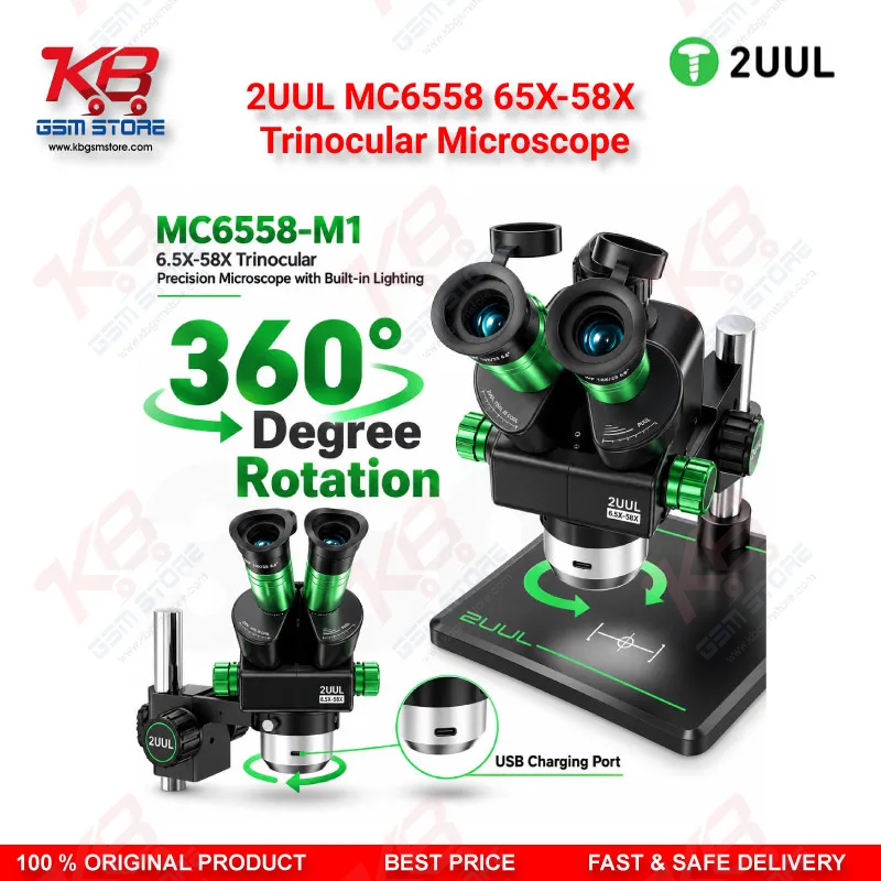 2UUL MC6558 65X-58X Trinocular Microscope with Built-in LED Lighting for Mobile PCB & BGA Repair