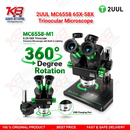 2UUL MC6558 65X-58X Trinocular Microscope with Built-in LED Lighting for Mobile PCB & BGA Repair