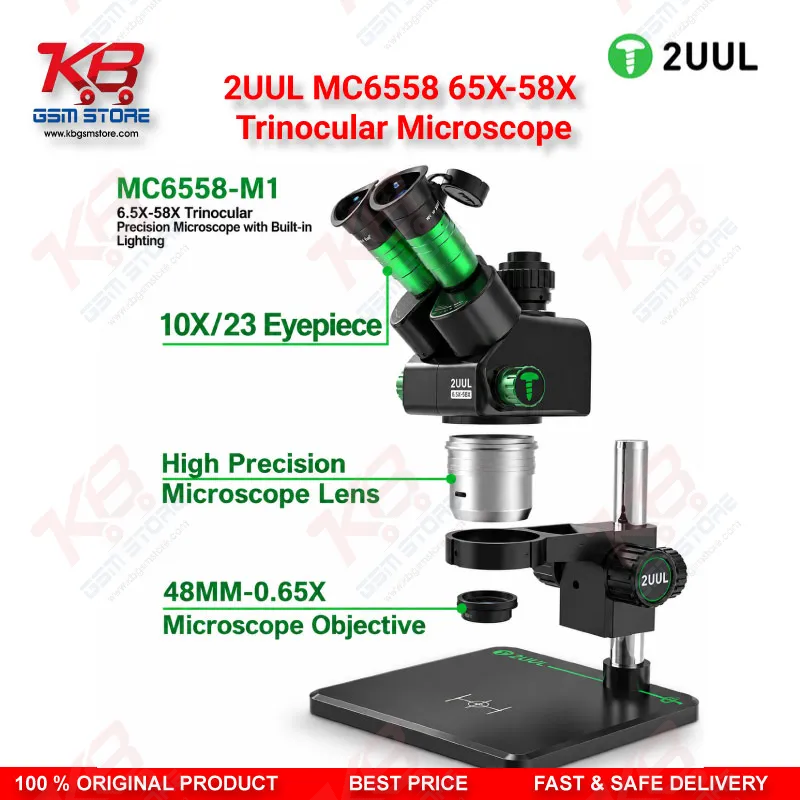 2UUL MC6558 65X-58X Trinocular Microscope with Built-in LED Lighting for Mobile PCB & BGA Repair