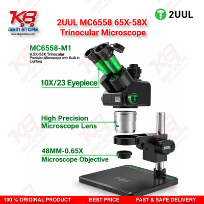 2UUL MC6558 65X-58X Trinocular Microscope with Built-in LED Lighting for Mobile PCB & BGA Repair