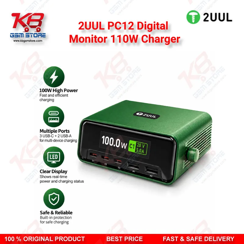 2UUL PC12 Digital Monitor 110W Charger – Multi-Port Desktop USB-C & USB-A Charging Station with Real-Time Power Display for Mobile Repair