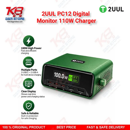 2UUL PC12 Digital Monitor 110W Charger – Multi-Port Desktop USB-C & USB-A Charging Station with Real-Time Power Display for Mobile Repair
