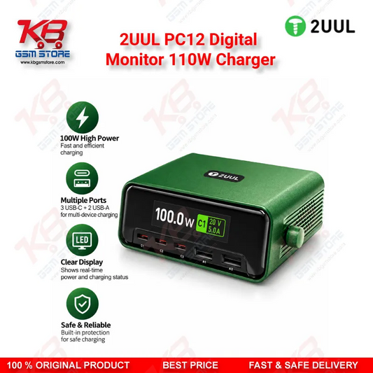 2UUL PC12 Digital Monitor 110W Charger – Multi-Port Desktop USB-C & USB-A Charging Station with Real-Time Power Display for Mobile Repair