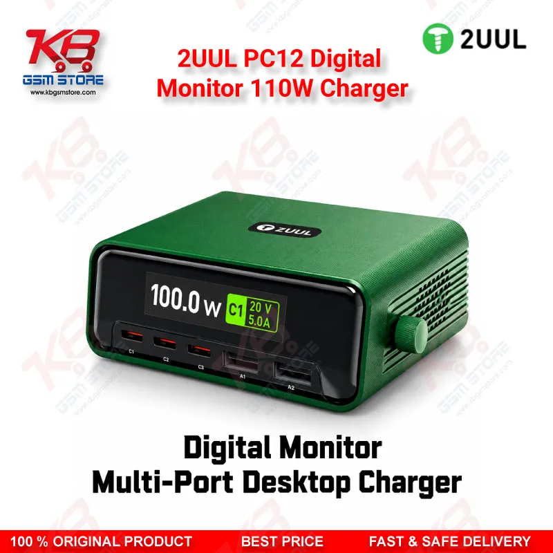 2UUL PC12 Digital Monitor 110W Charger – Multi-Port Desktop USB-C & USB-A Charging Station with Real-Time Power Display for Mobile Repair