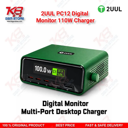 2UUL PC12 Digital Monitor 110W Charger – Multi-Port Desktop USB-C & USB-A Charging Station with Real-Time Power Display for Mobile Repair