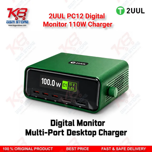 2UUL PC12 Digital Monitor 110W Charger – Multi-Port Desktop USB-C & USB-A Charging Station with Real-Time Power Display for Mobile Repair