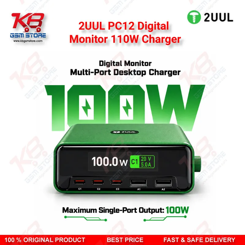 2UUL PC12 Digital Monitor 110W Charger – Multi-Port Desktop USB-C & USB-A Charging Station with Real-Time Power Display for Mobile Repair