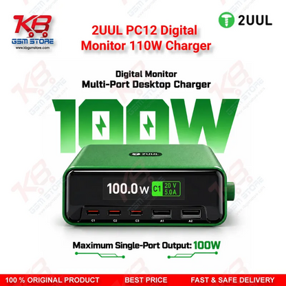 2UUL PC12 Digital Monitor 110W Charger – Multi-Port Desktop USB-C & USB-A Charging Station with Real-Time Power Display for Mobile Repair