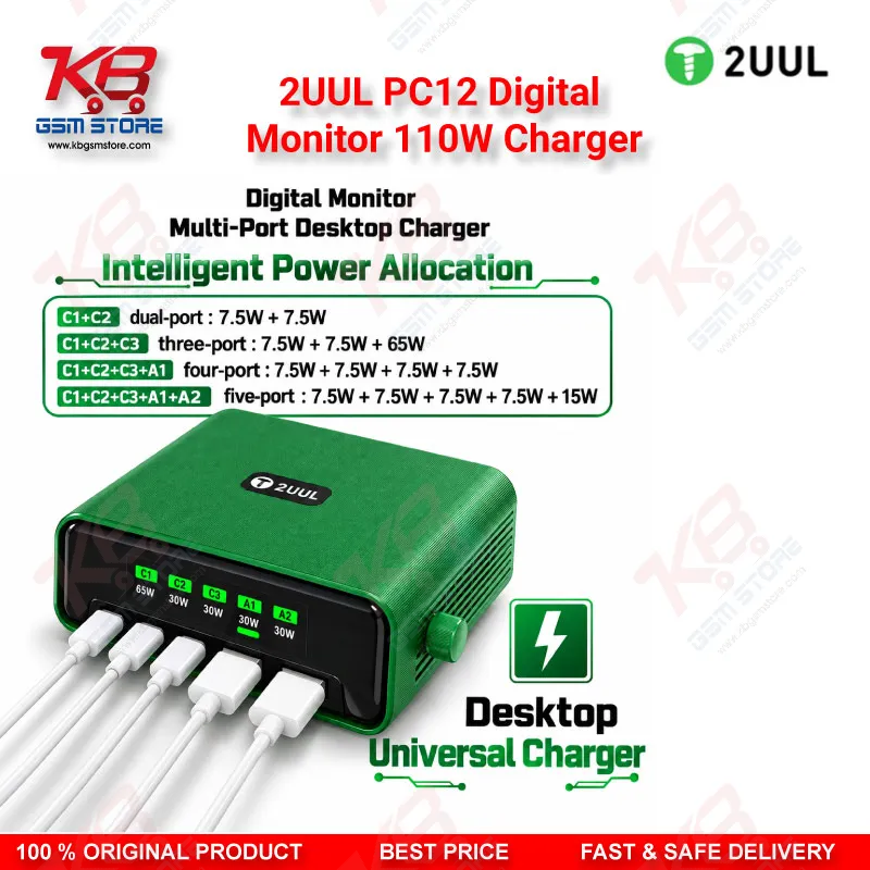 2UUL PC12 Digital Monitor 110W Charger – Multi-Port Desktop USB-C & USB-A Charging Station with Real-Time Power Display for Mobile Repair
