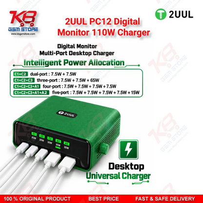 2UUL PC12 Digital Monitor 110W Charger – Multi-Port Desktop USB-C & USB-A Charging Station with Real-Time Power Display for Mobile Repair