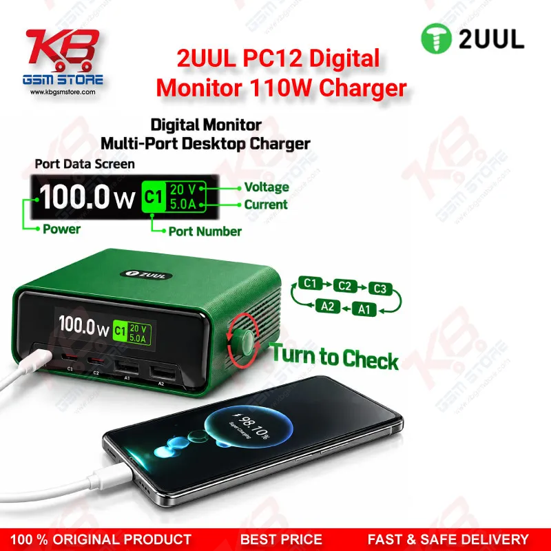 2UUL PC12 Digital Monitor 110W Charger – Multi-Port Desktop USB-C & USB-A Charging Station with Real-Time Power Display for Mobile Repair
