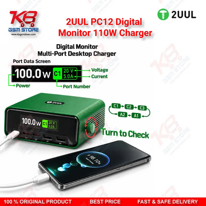 2UUL PC12 Digital Monitor 110W Charger – Multi-Port Desktop USB-C & USB-A Charging Station with Real-Time Power Display for Mobile Repair