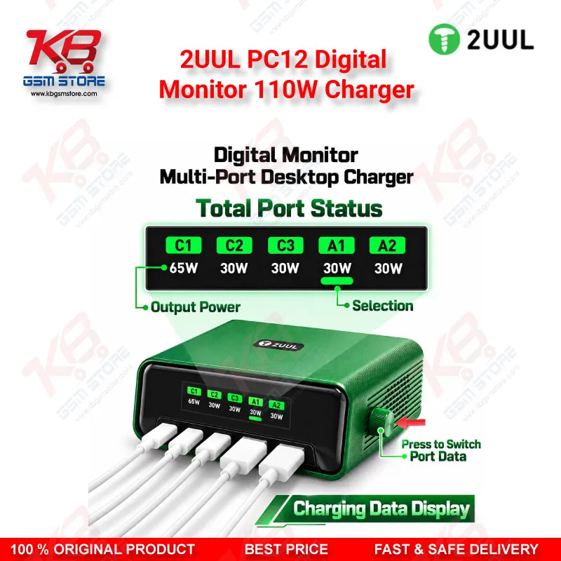 2UUL PC12 Digital Monitor 110W Charger – Multi-Port Desktop USB-C & USB-A Charging Station with Real-Time Power Display for Mobile Repair