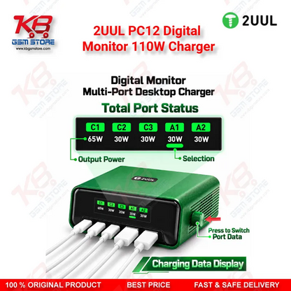2UUL PC12 Digital Monitor 110W Charger – Multi-Port Desktop USB-C & USB-A Charging Station with Real-Time Power Display for Mobile Repair
