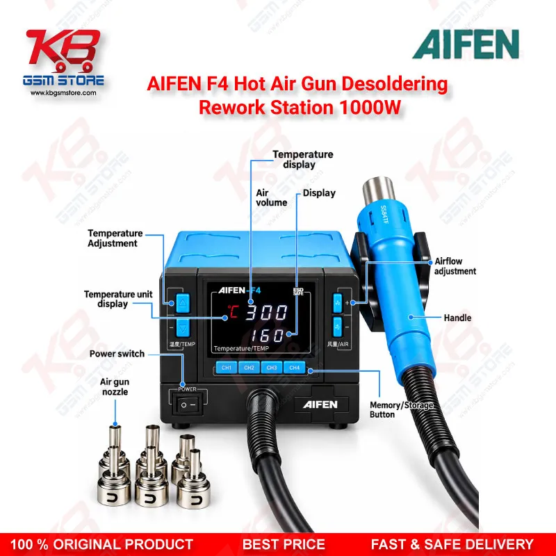 AIFEN F4 Hot Air Gun Desoldering Rework Station 1000W – Digital BGA SMD Soldering Station for Mobile Repair
